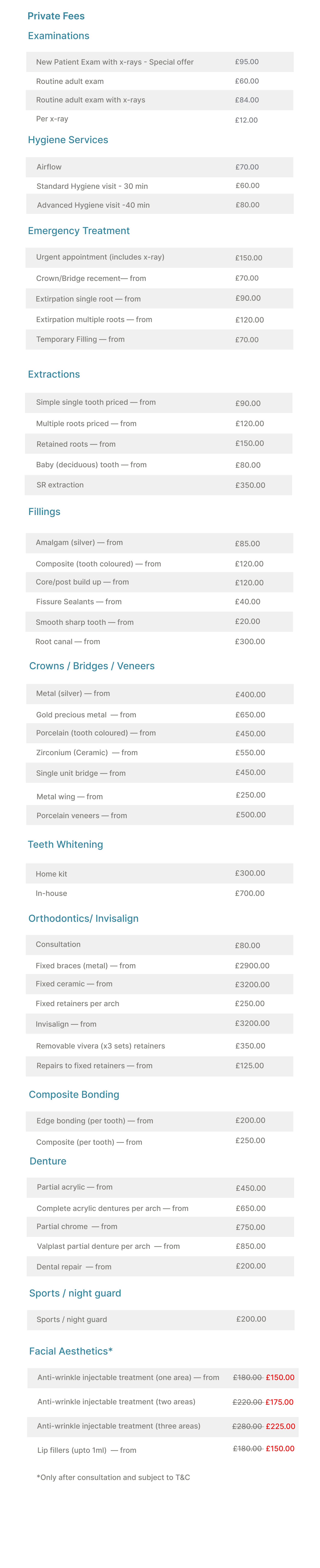 price list